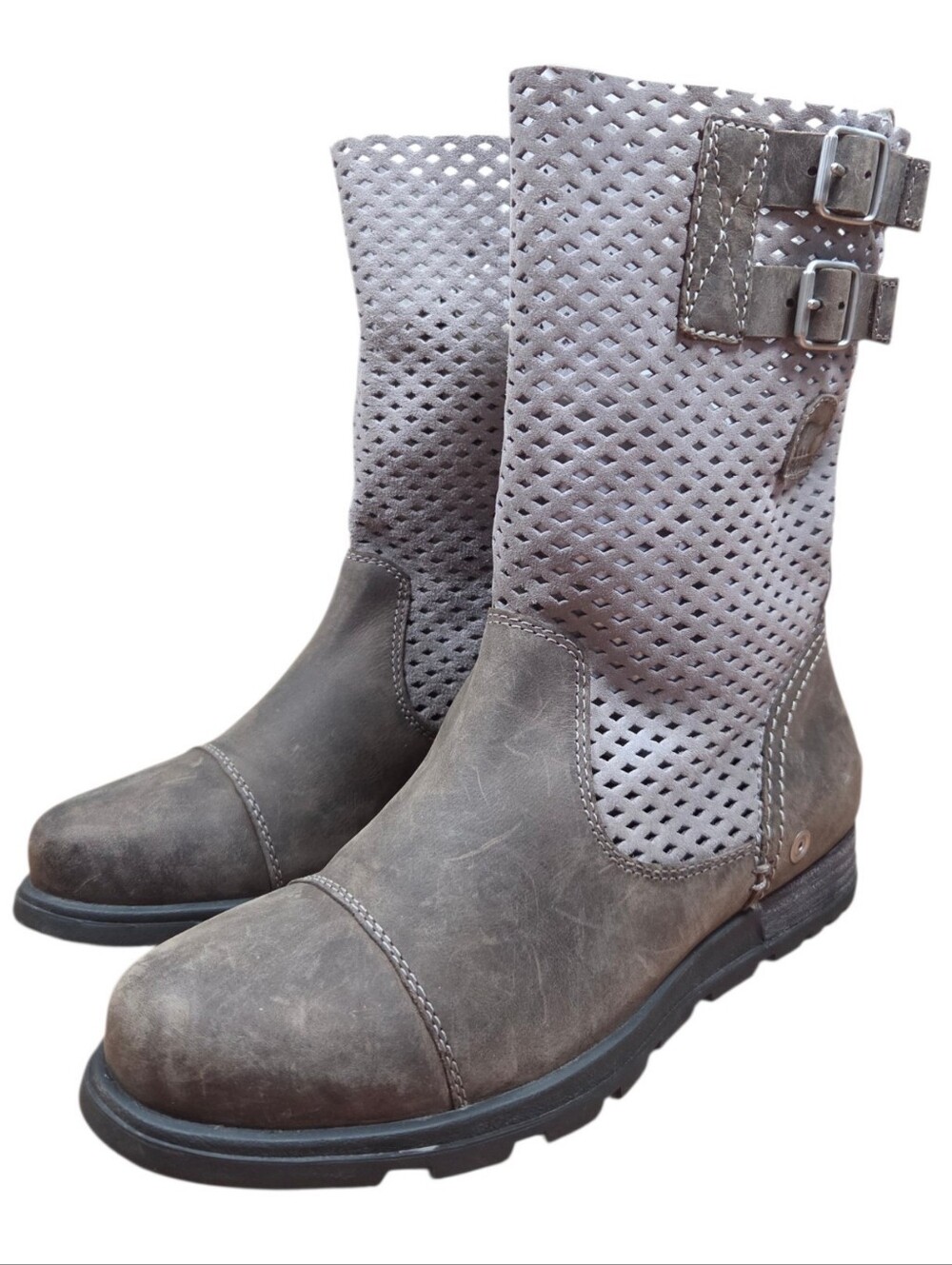 Sorel Women's Major Truffle Leather Boots Brown Laser Cut Pull On Buckle Sz US 8